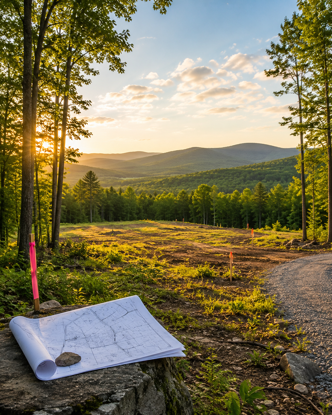 A surveyed vacant land parcel in Vermont with a property survey, marked building site, gravel drivew