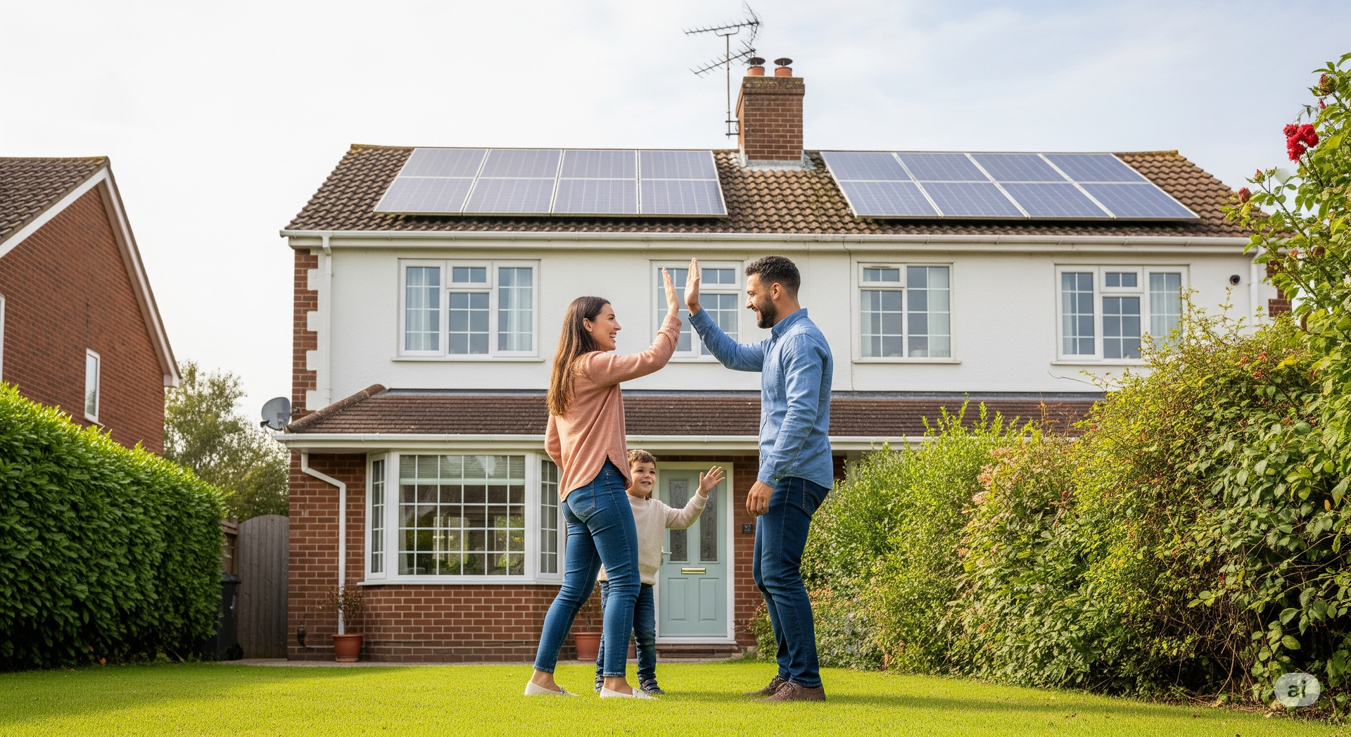 A man and woman are giving each other a high five in front of a house with solar panels on the roof.