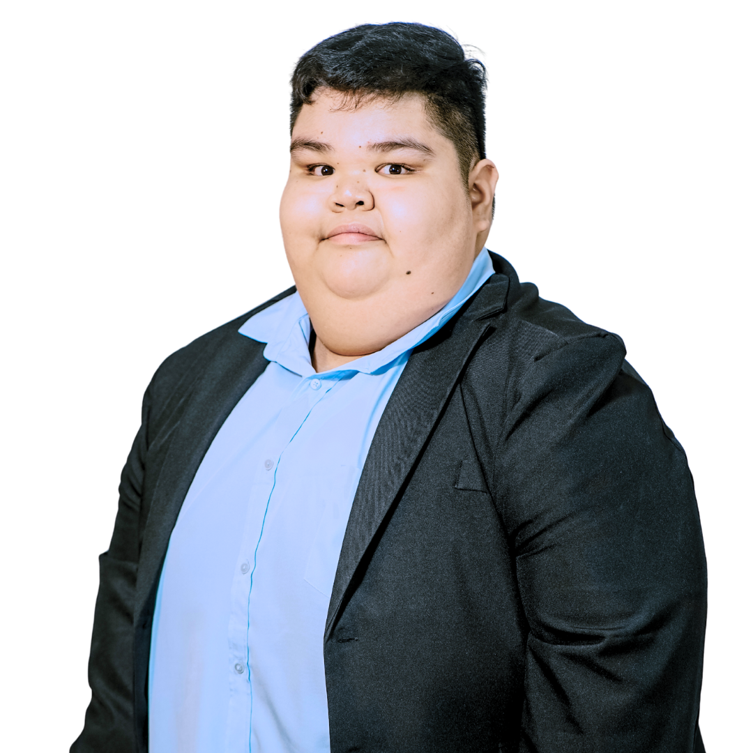 Man in a blue shirt and black blazer, looking forward, isolated on white background.