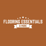 Logo for "Flooring Essentials & More" in white text on a brown background, with stars and a banner.