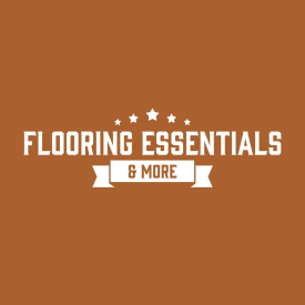 Logo for "Flooring Essentials & More" in white text on a brown background, with stars and a banner.