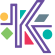 The letter k is surrounded by colorful geometric shapes.