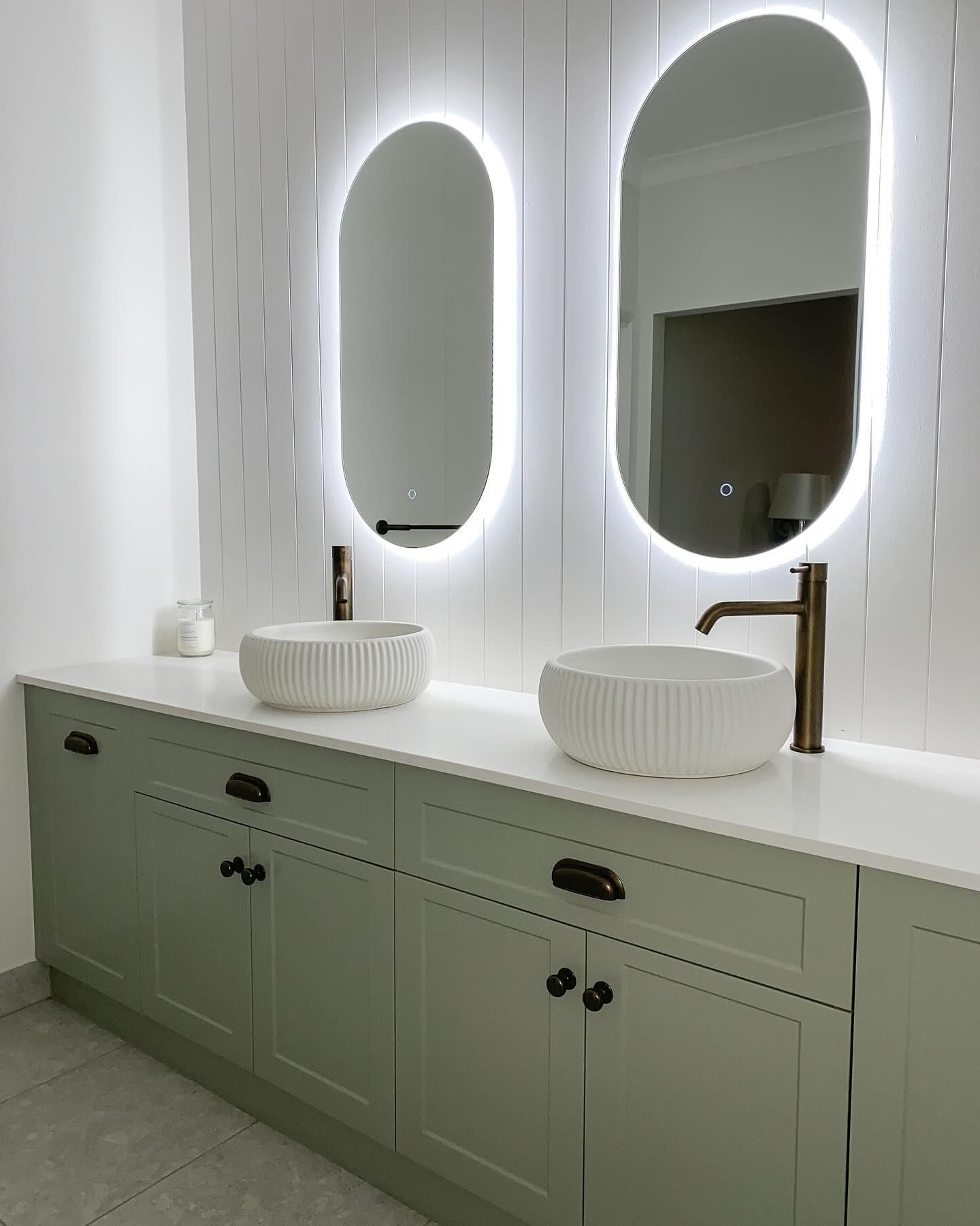 A Bathroom Vanity With Two Sinks And A Mirror — Kreuzer Cabinets In East Wagga Wagga, NSW