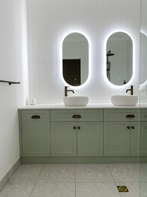 A Bathroom With Two Sinks and Two Mirrors — Kreuzer Cabinets In East Wagga Wagga, NSW