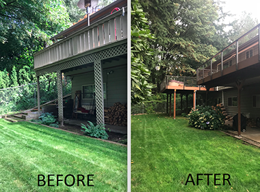 Side-by-side comparison of a deck before and after renovation. The