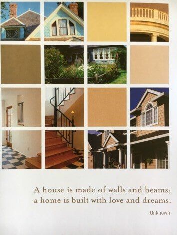 Collage of home exterior/interior details with warm color swatches. Text: