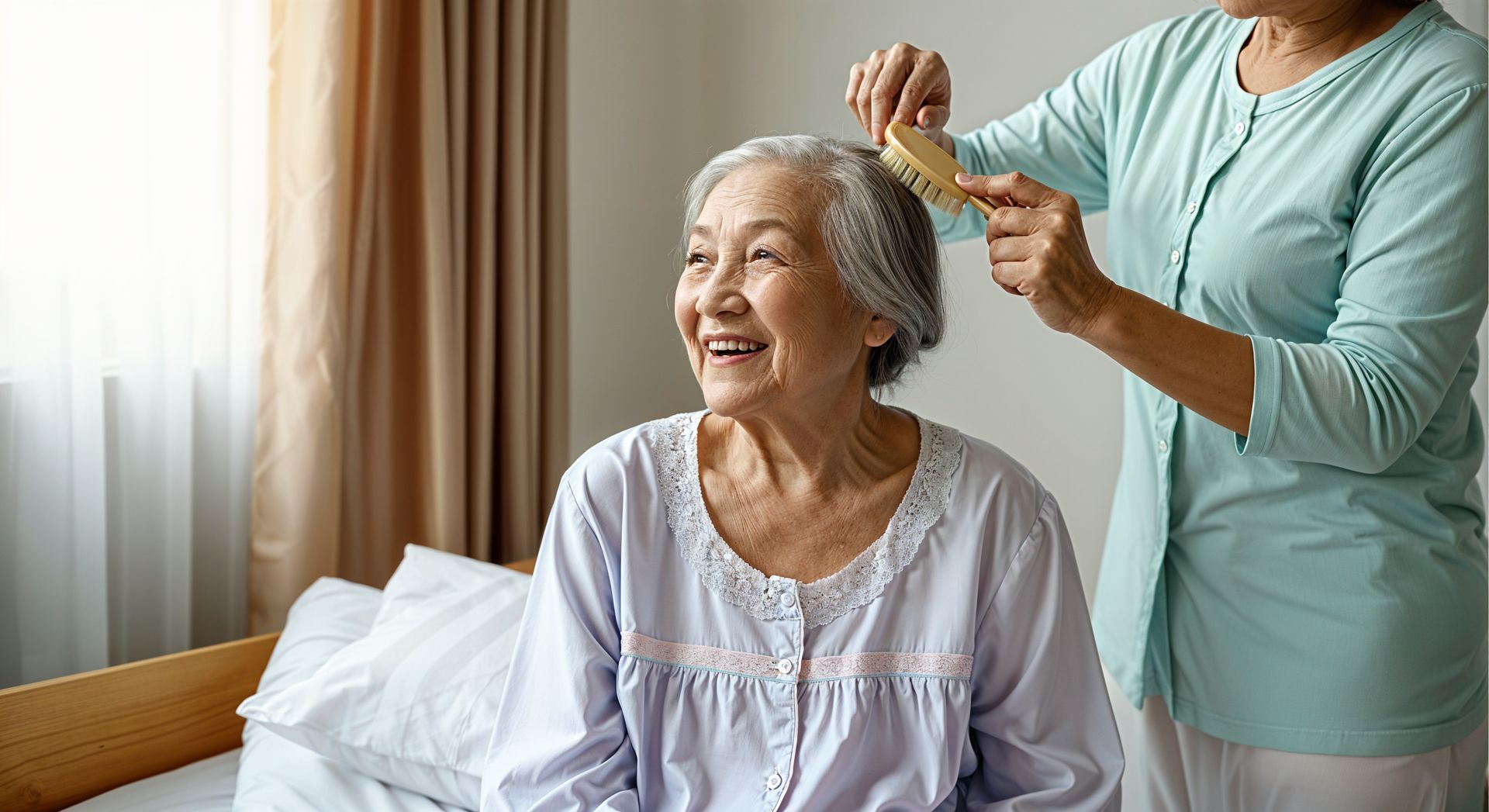 An older woman smiles as another brushes her hair in a well-lit bedroom.
