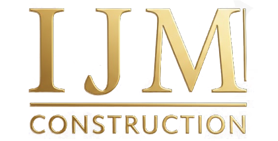 Gold "IJM" logo above the word "CONSTRUCTION" in a thin, gold font.