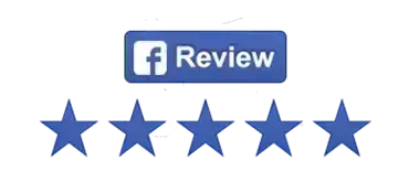 Five blue stars below a Facebook review button.