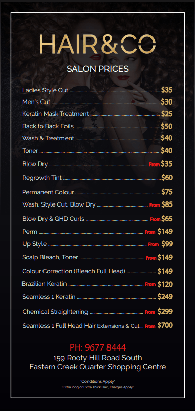 Salon Prices — Eastern Creek NSW — Hair & Co
