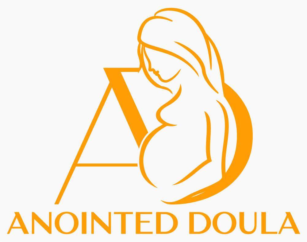 The logo for anointed doula shows a pregnant woman holding her belly.