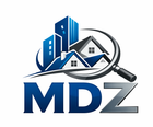 MDZ real estate logo with blue buildings, houses, and a magnifying glass