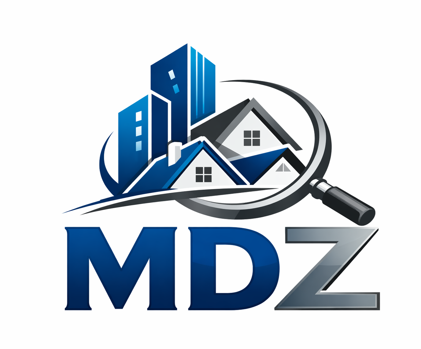 MDZ real estate logo with blue buildings, houses, and a magnifying glass