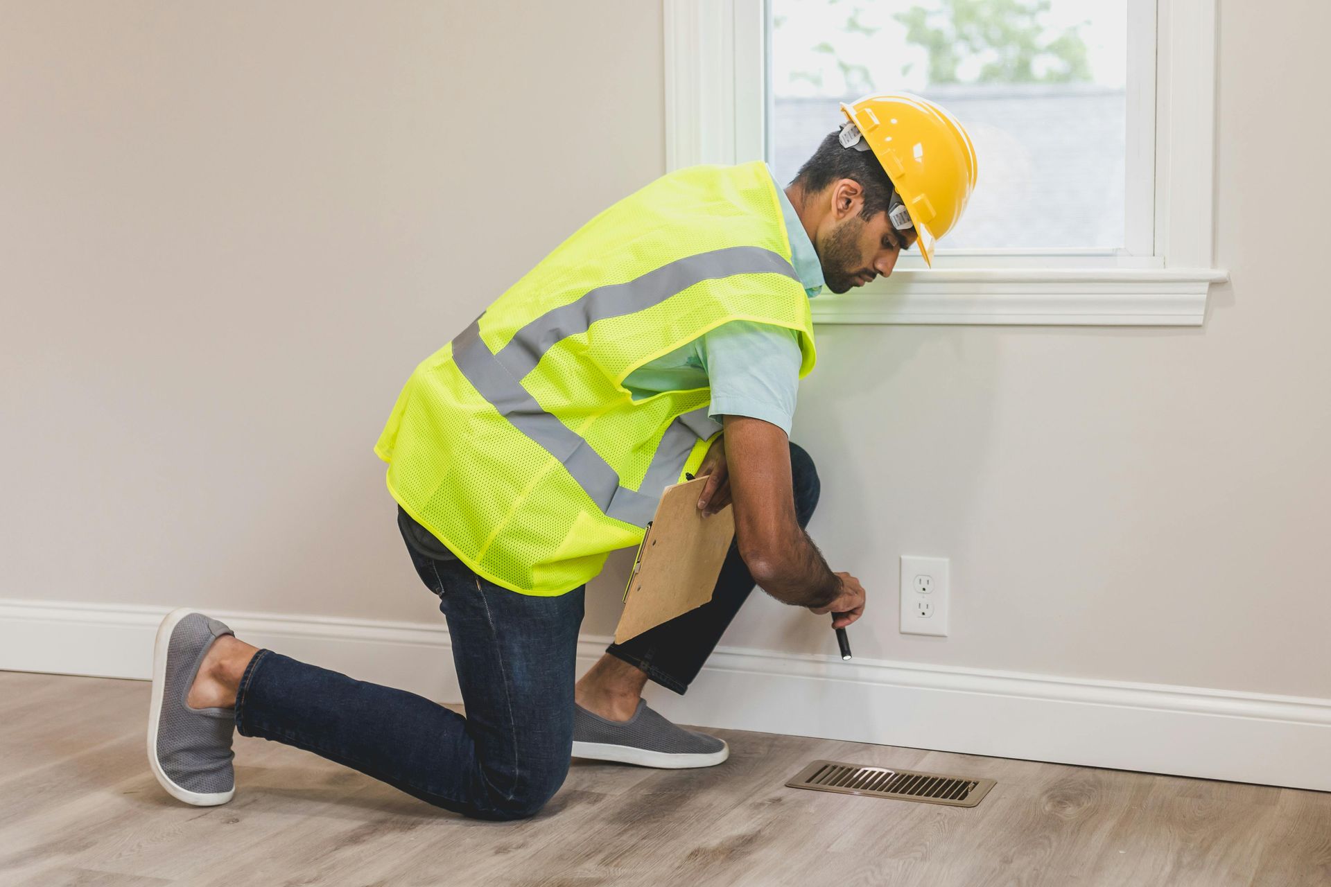 Worker in a yellow safety vest and hard hat kneels to install flooring near a wall vent.