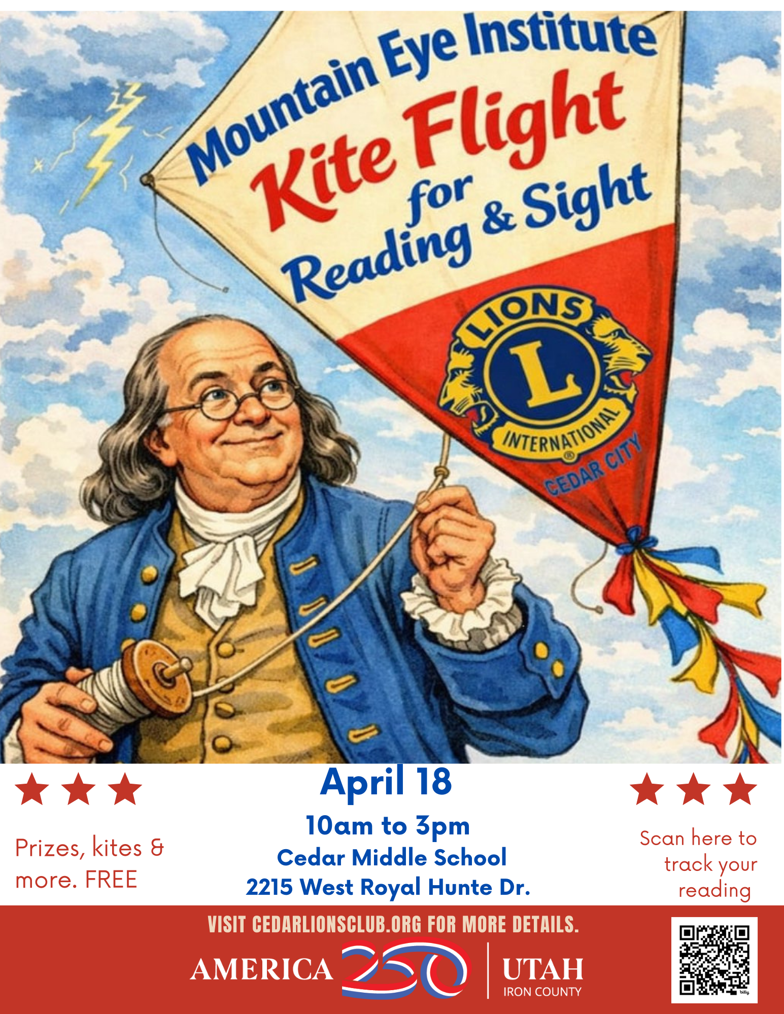 Poster for Mountain Eye Institute's Kite Flight for Reading & Sight on April 18 at Cedar Middle School, Utah.