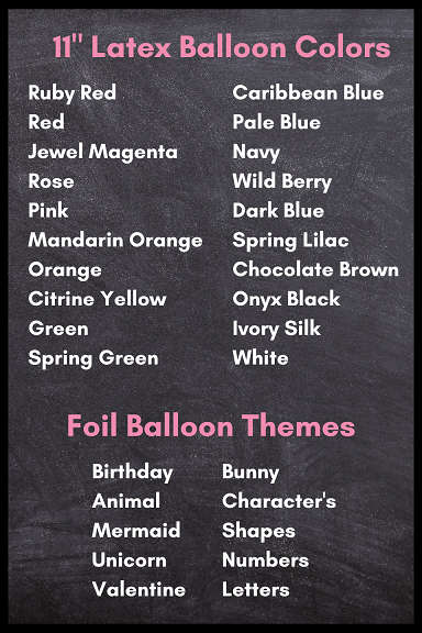 Available balloon colors and themes