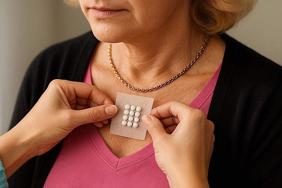 Person receives a skin patch with medicine, held near chest. Light skin, pink shirt, gold necklace.