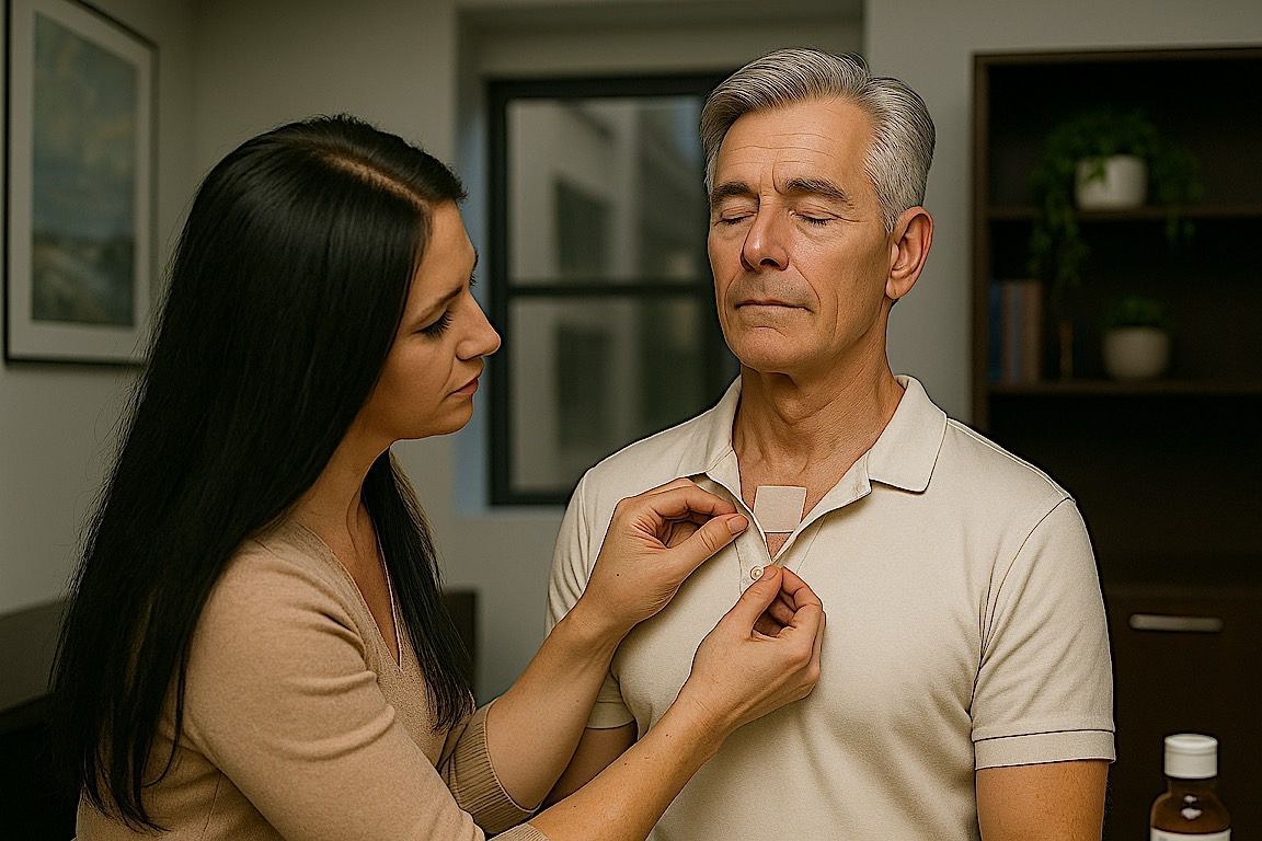Woman attaches a transdermal homeopathic patch device to an older man's chest. Indoors; neutral colors. Man has closed eyes.