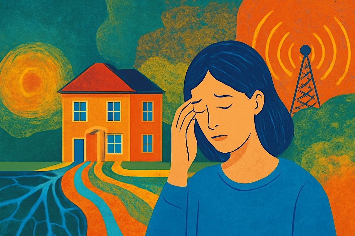 Woman with hand on forehead, sad face, near house and signal tower, in colorful landscape.