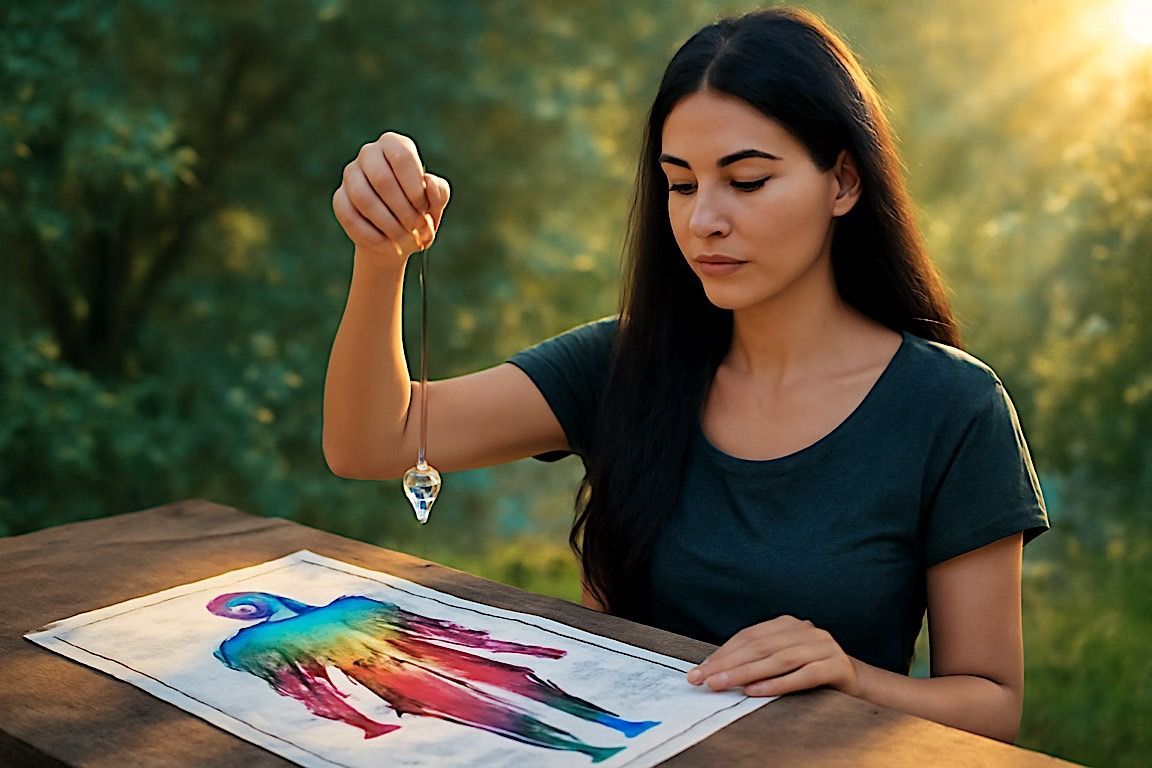 Woman uses pendulum over chart of human body, outdoors, golden sunlight.
