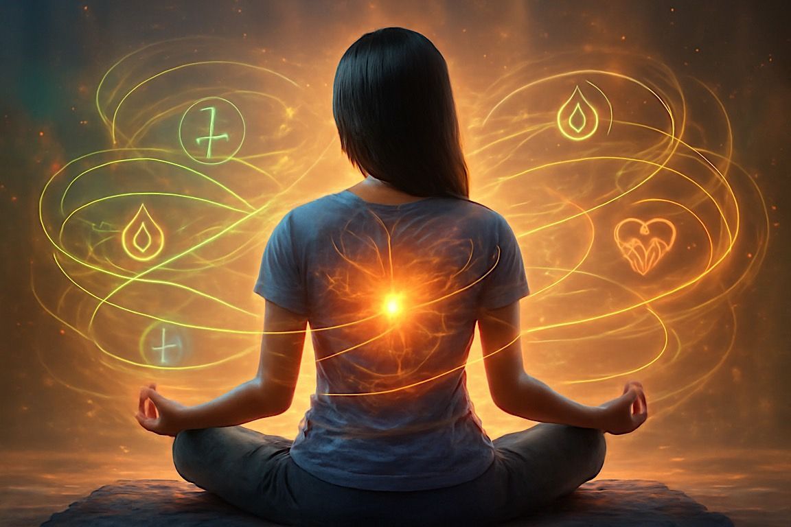 Woman meditating with glowing energy radiating from her back, surrounded by symbols.