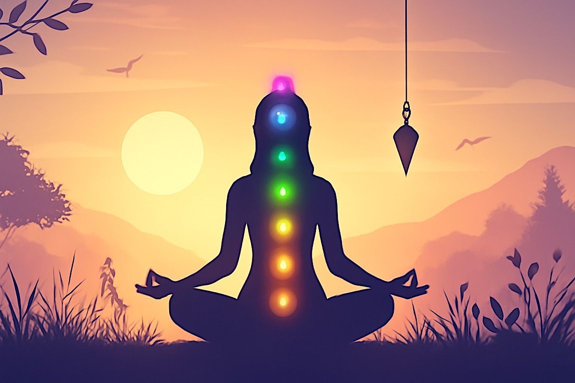 Silhouette of person meditating with glowing chakra points, sunset in background, pendulum hanging.