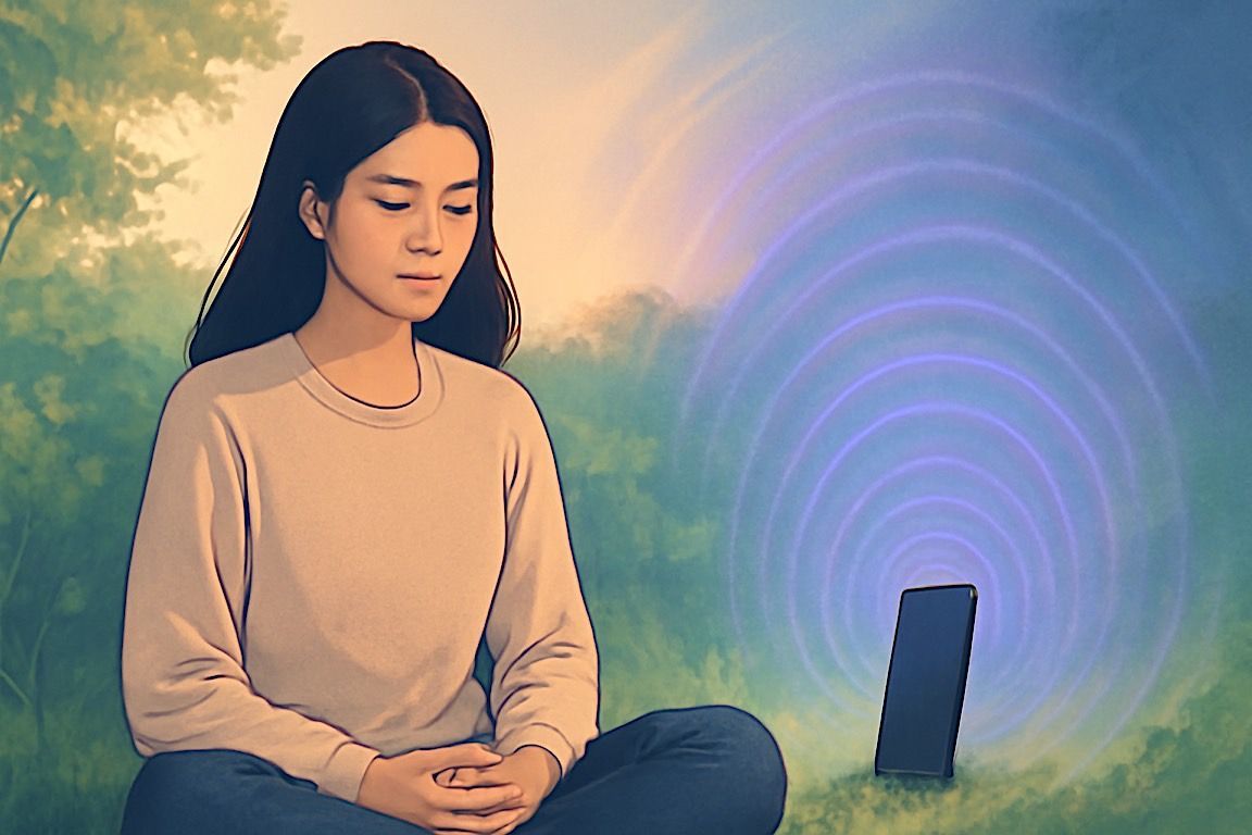 Woman meditating outdoors, listening to device with swirling blue light.