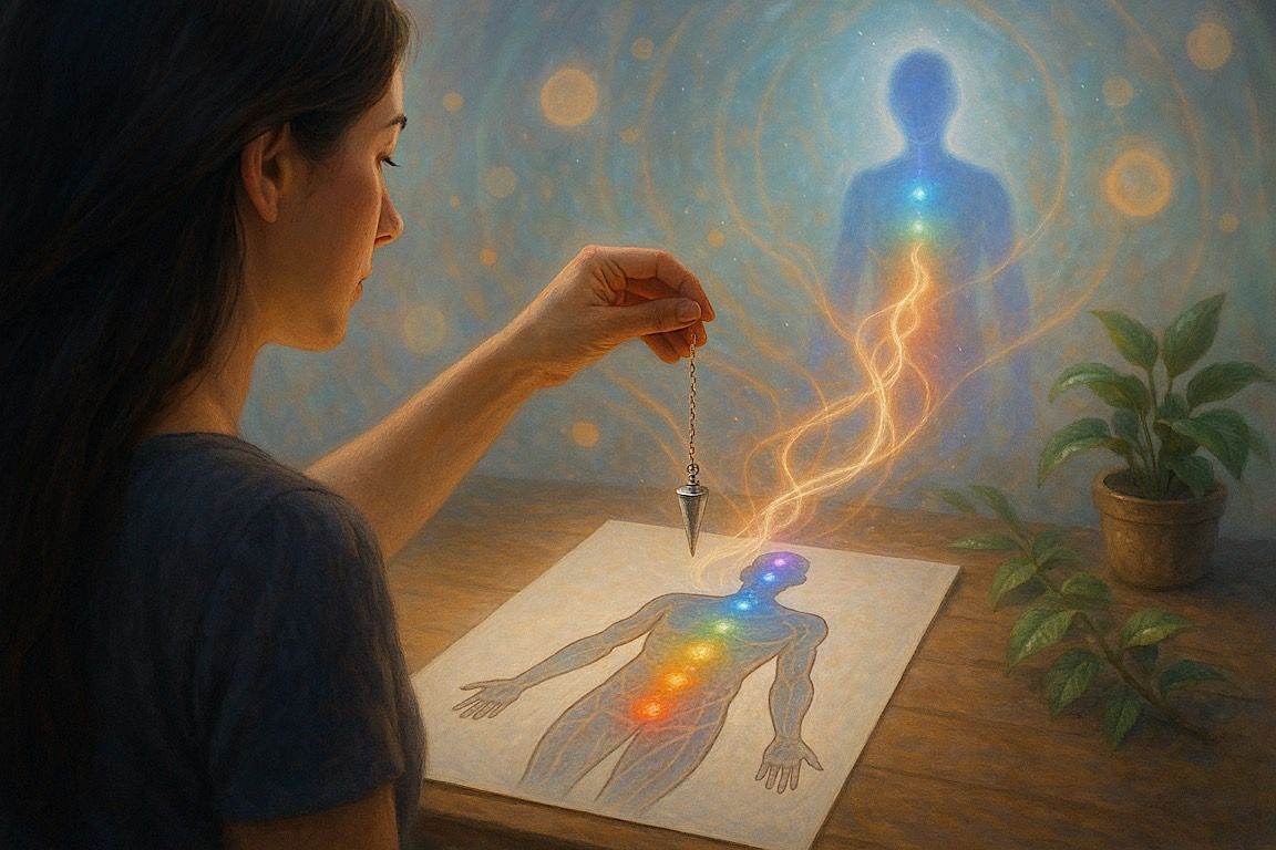 Woman using a pendulum to check chakras on a drawing; a glowing aura surrounds the body and a plant is next to the drawing.