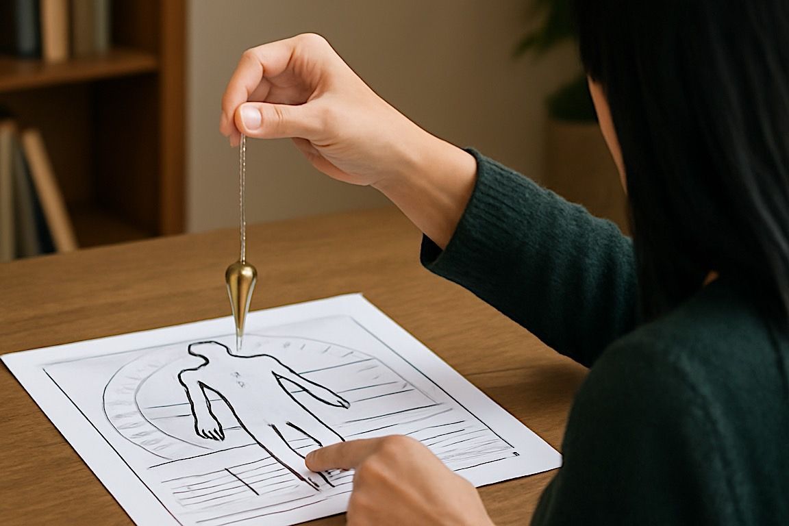 Woman using a pendulum over a human outline diagram on a table.