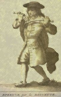 Man playing flute, wearing 18th-century attire, holding a staff.