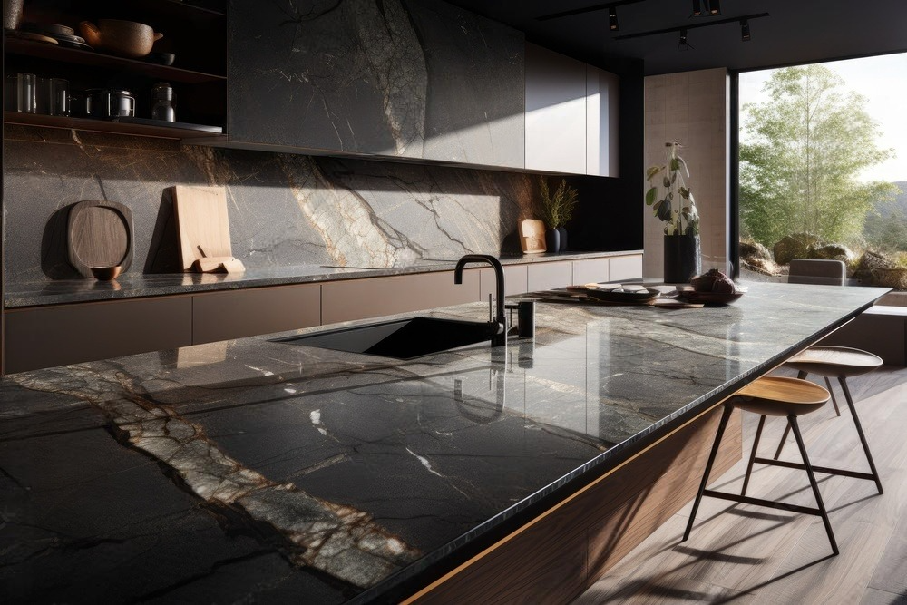 A kitchen with a large counter top and a sink.