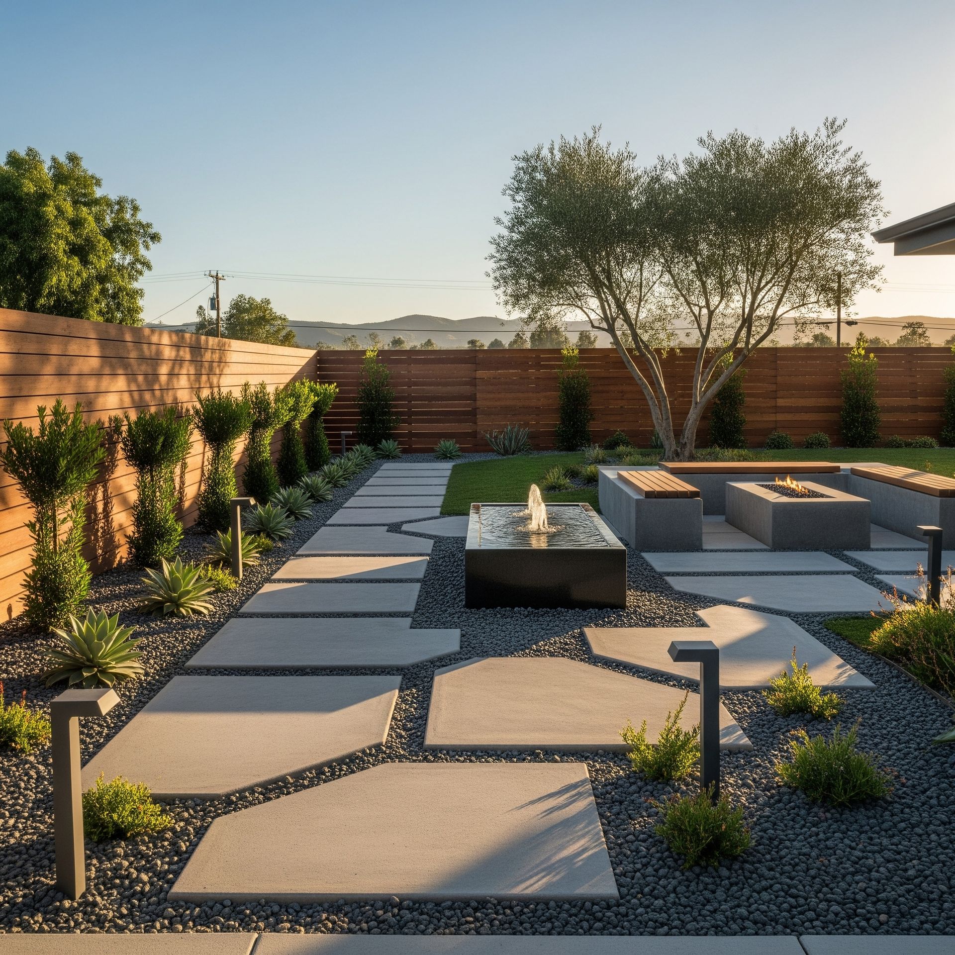 Modern landscape design in Riverside with sustainable elements
