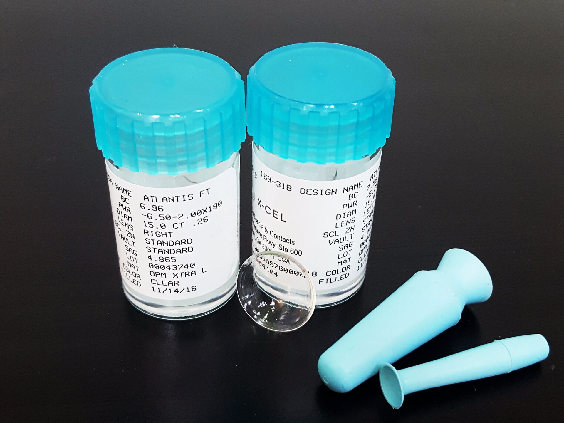 scleral lens vials with insertion and removal tools