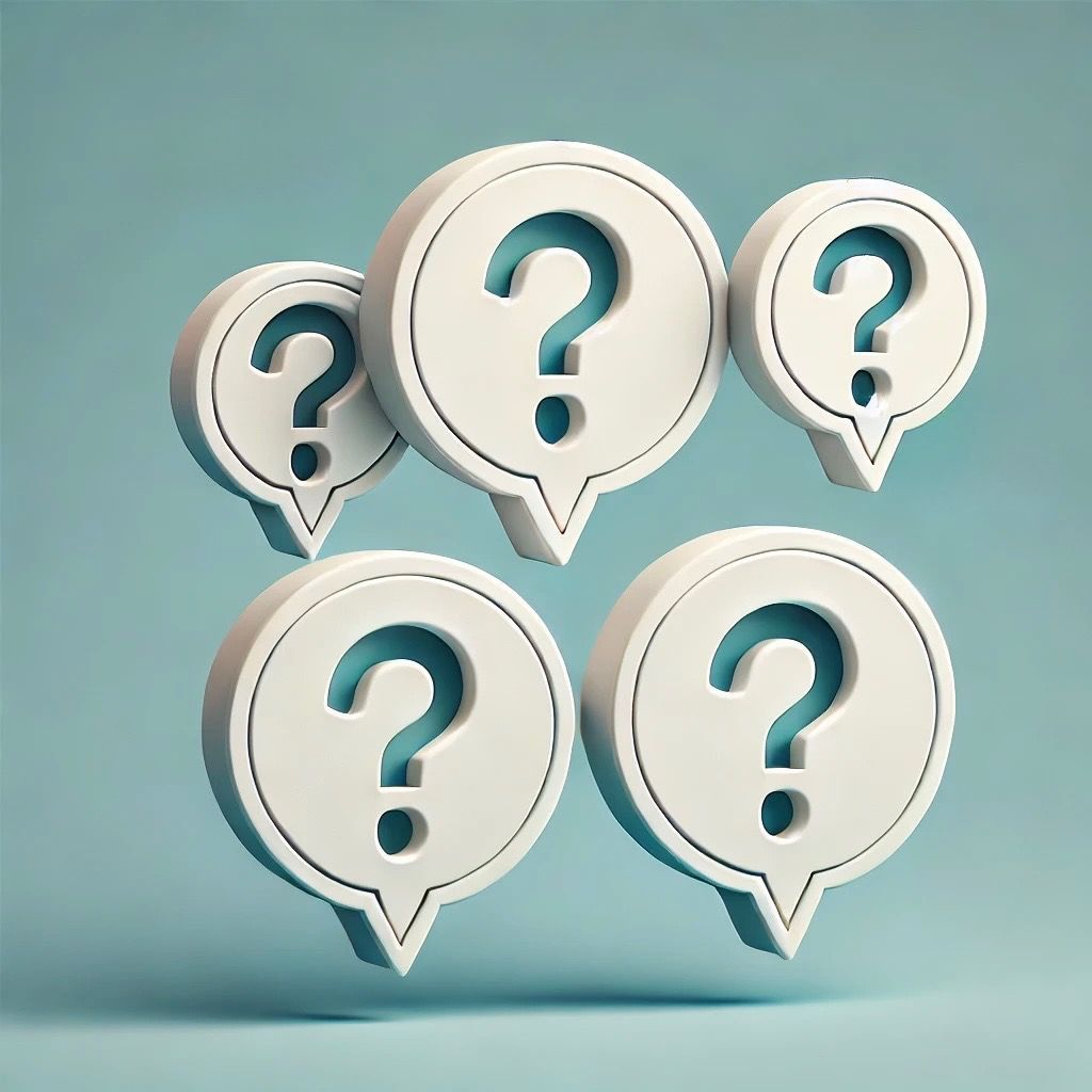 A group of question marks in speech bubbles on a blue background.