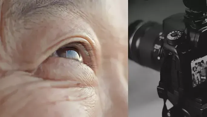 A close up of an elderly woman 's eye next to a camera.