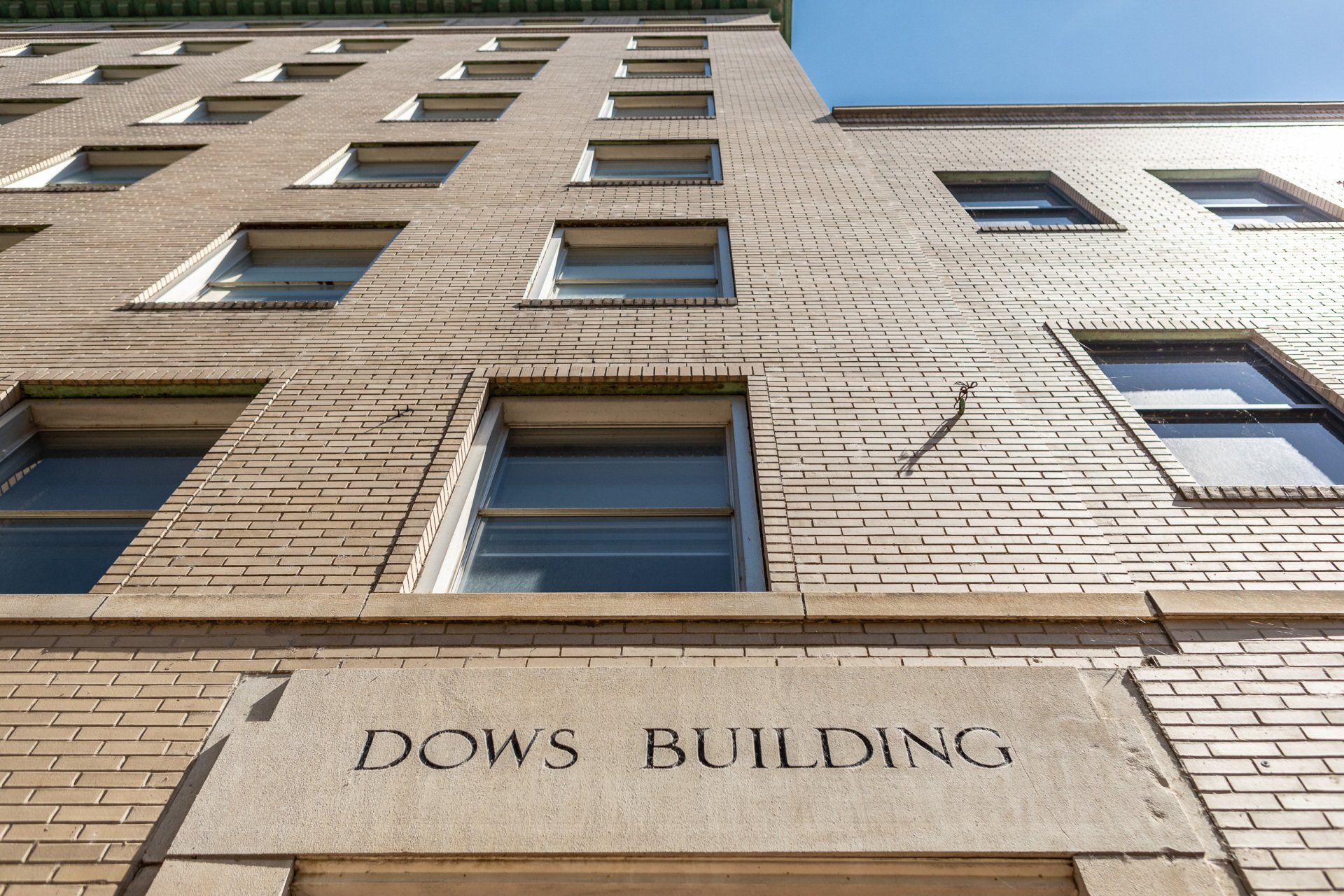 Exterior shot looking up at Dows Building