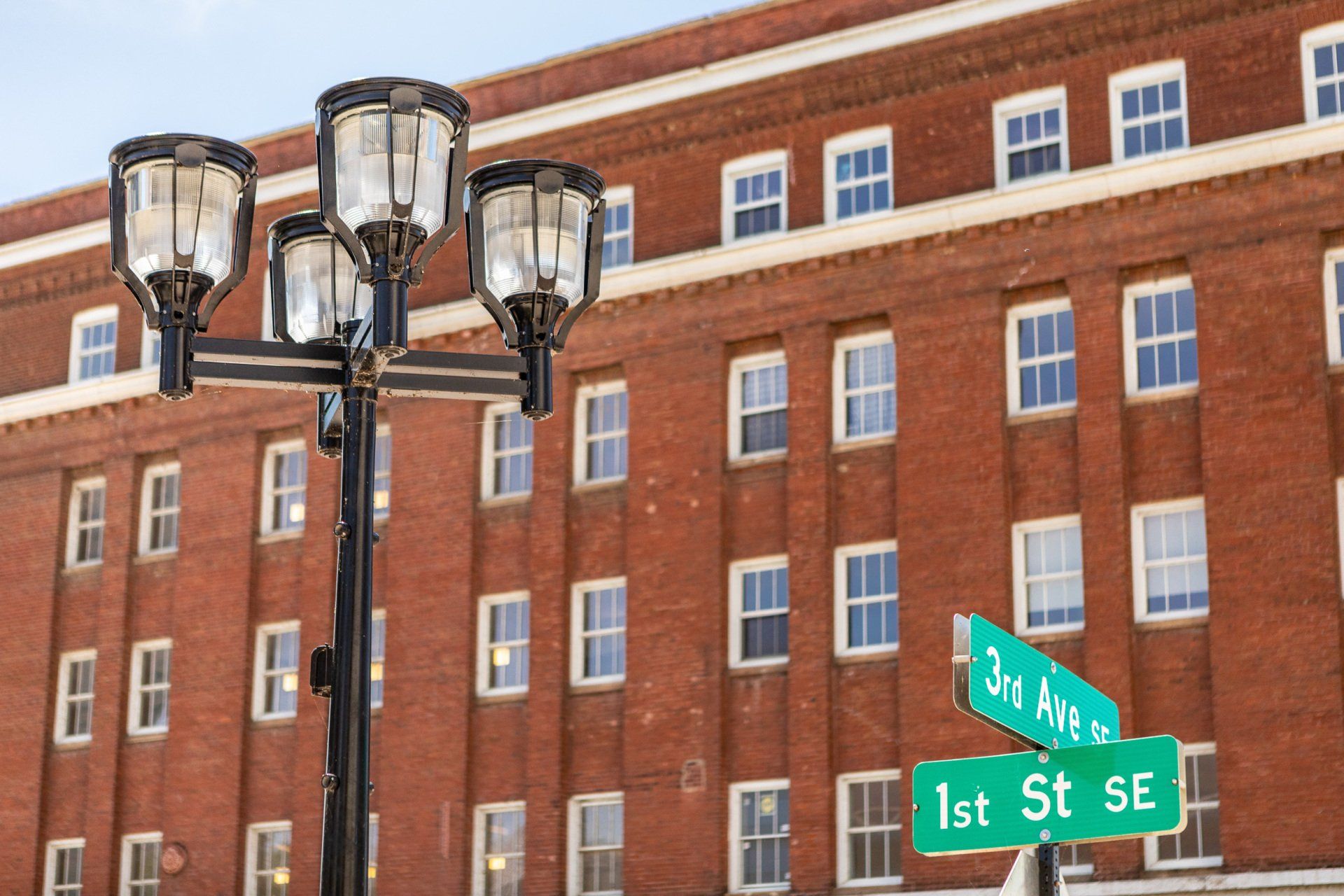 Alternate exterior of building with historic lamp post in front