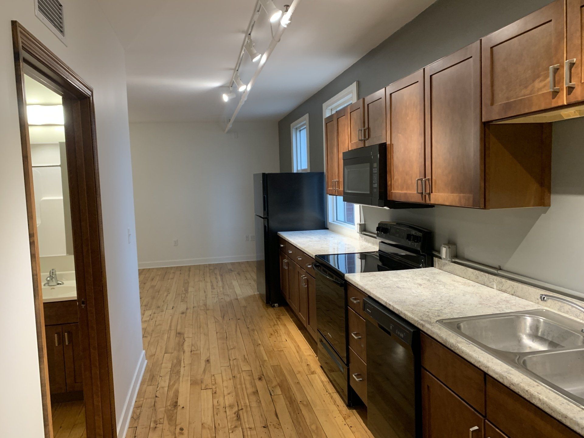 Interior of kitchen with hardwood flooring