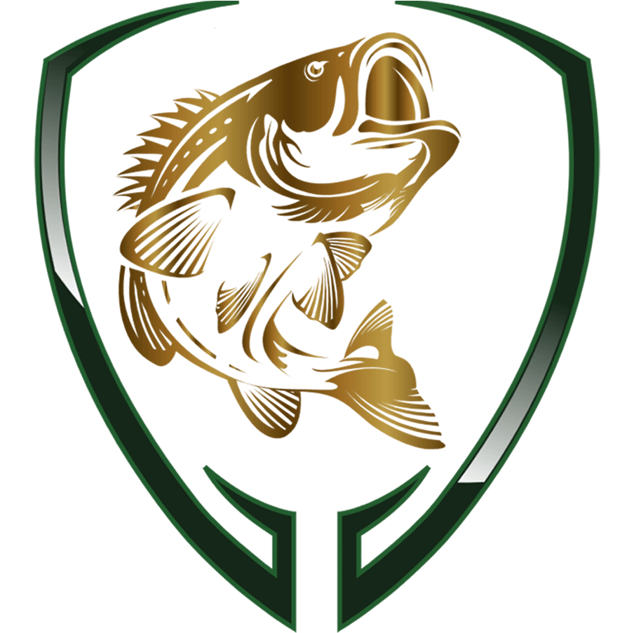 Gold bass fish leaping inside a green shield.