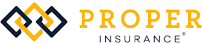 Proper Insurance logo with interlocking yellow and dark blue squares and text.