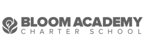 The logo for bloom academy charter school is black and white.