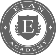 The logo for elan academy has a shield with the letter e on it.