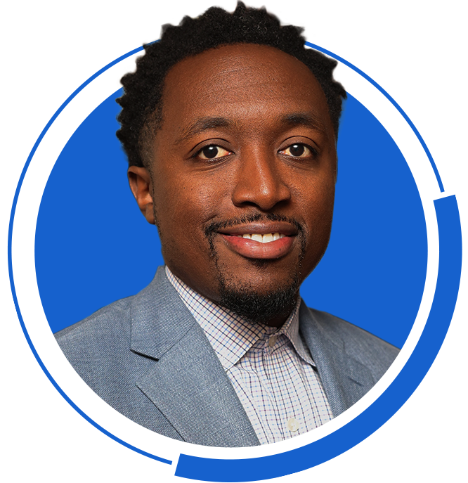 A man in a suit is smiling in a blue circle