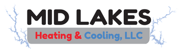 Logo for Mid Lakes Heating & Cooling, LLC; black text with a gray rectangle, red and blue text, and blue lake design.