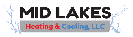 Logo for Mid Lakes Heating & Cooling, LLC; black text with a gray rectangle, red and blue text, and blue lake design.