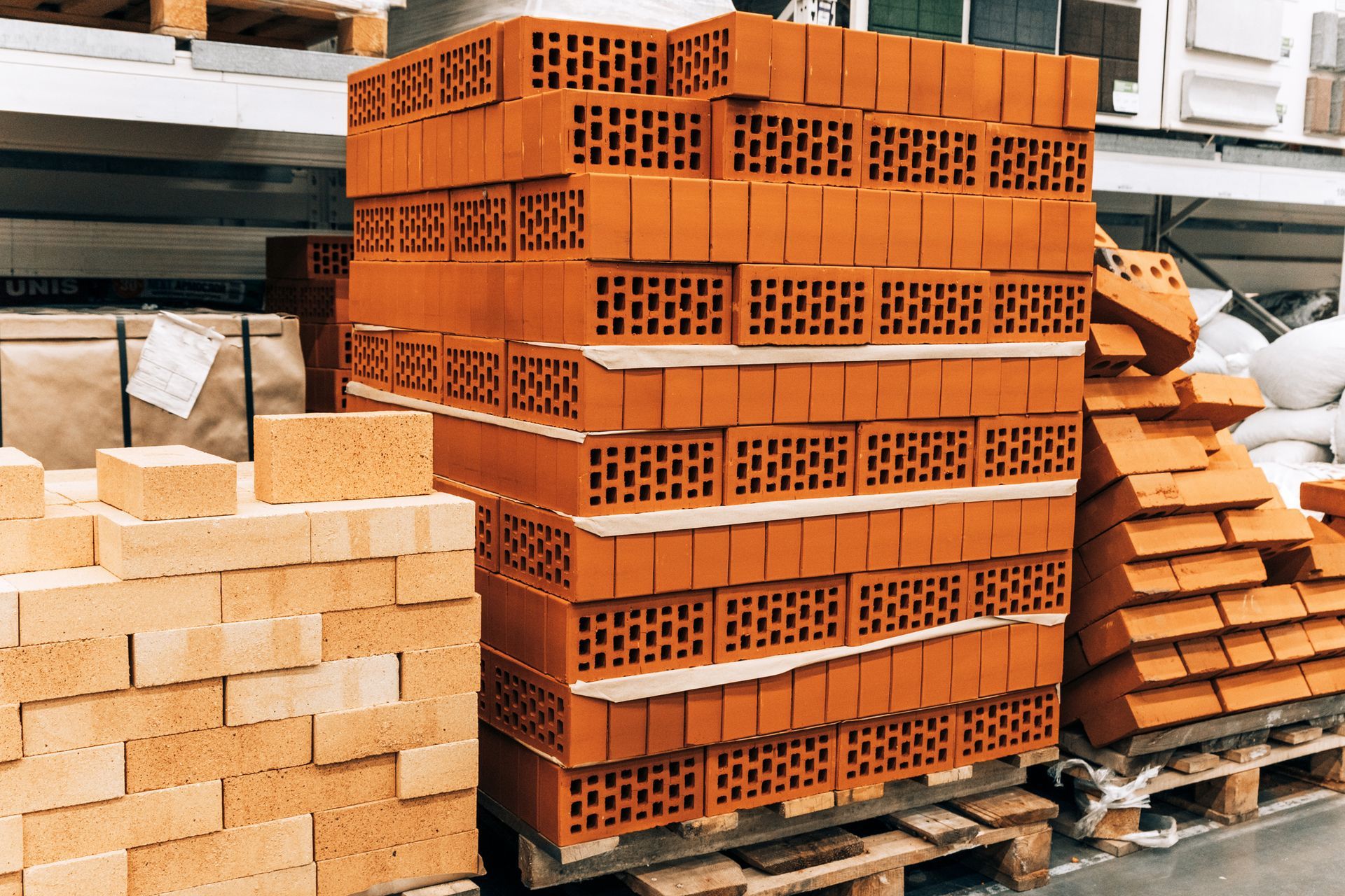 Una pila di mattoni accatastati l'uno sull'altro su pallet in un magazzino.