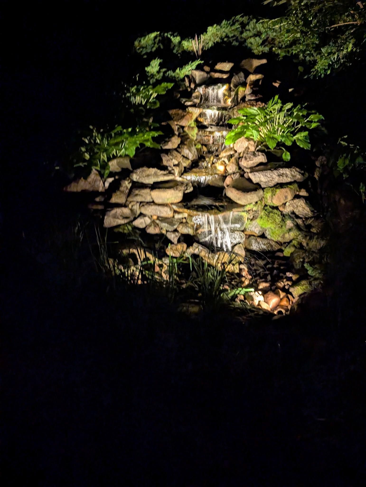Illuminated stone waterfall at night, surrounded by lush green plants.