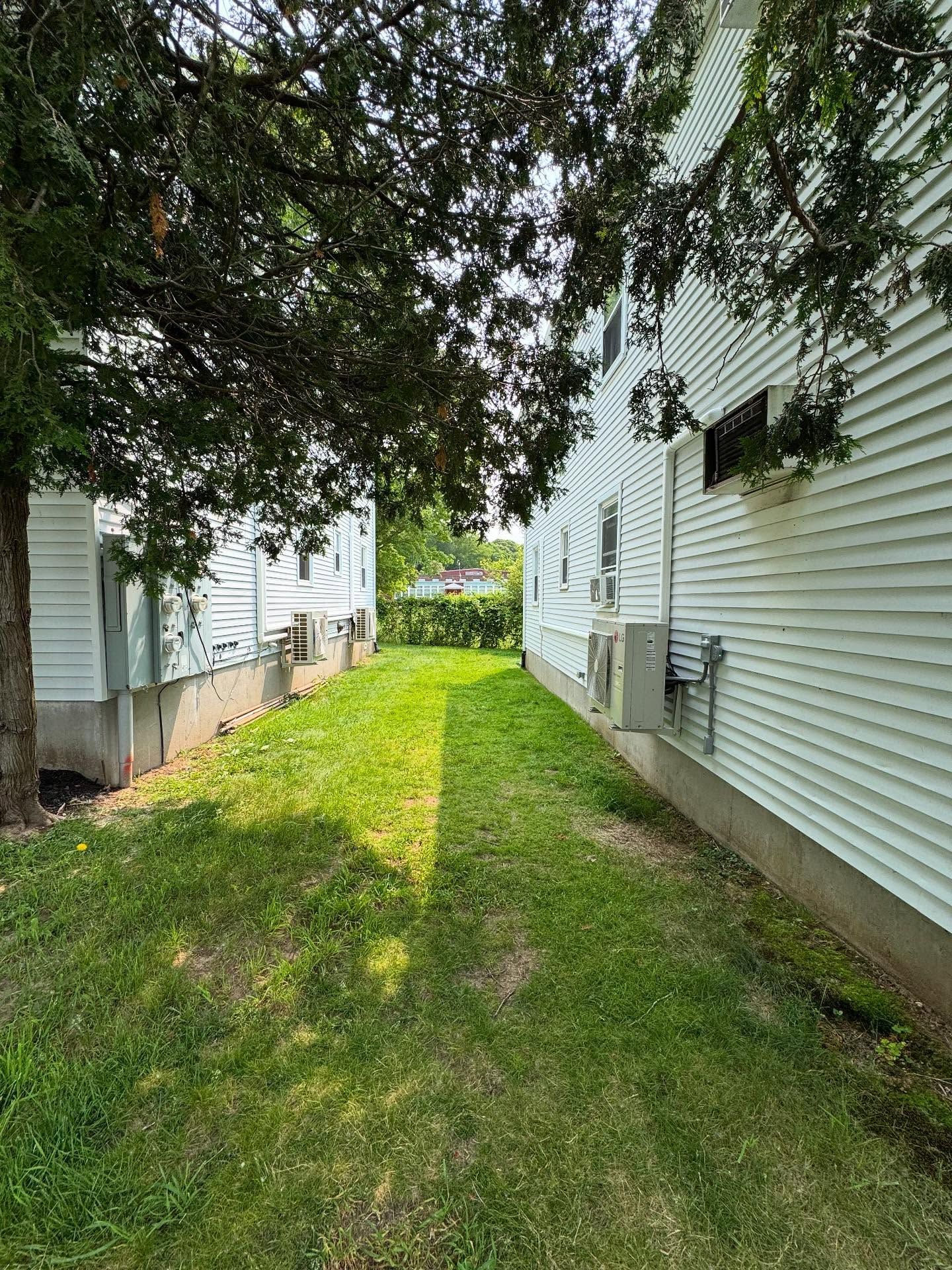 Two white buildings with a grassy area between them; sunlight and shadows.