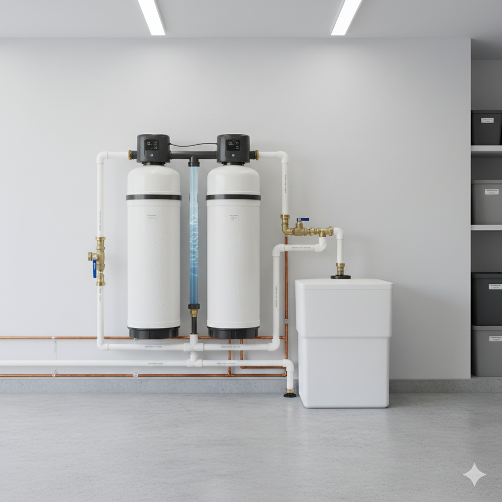 White air conditioner unit mounted on a white ceiling above vertical blinds.