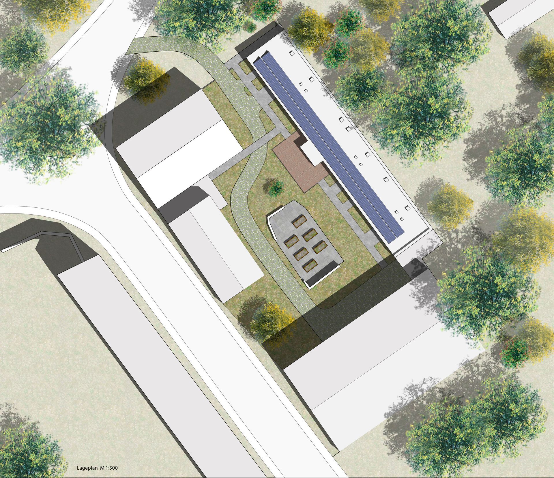 An aerial view of a residential area with trees and buildings